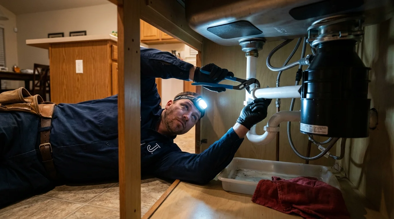 P-trap and supply line connections under a kitchen sink showing a common leak point in Hamburg, PA